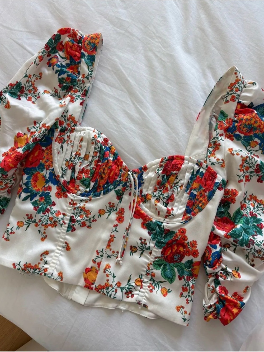 For Love & Lemons White Floral Puff-Sleeve Corset Crop Top
